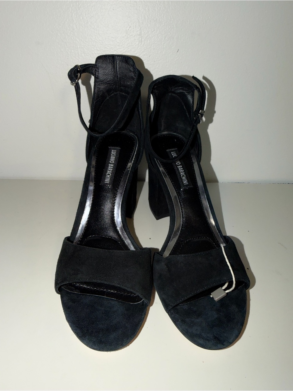 Luciano Barachini Black Suede Jeweled Floral Block Heel Sandals. 37